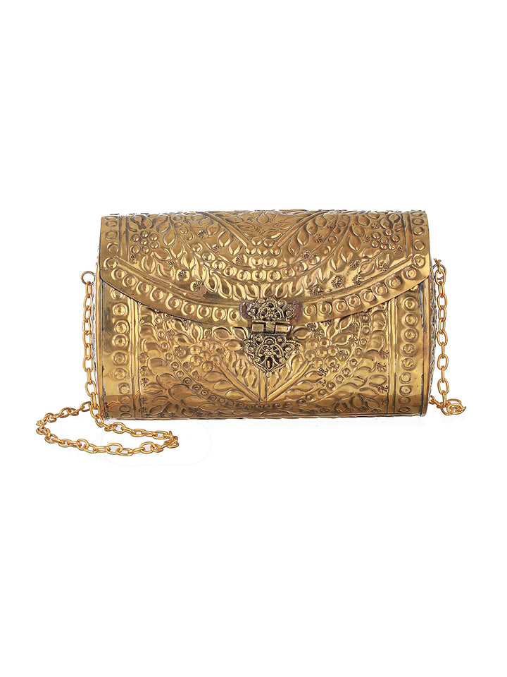 Floral Textured Golden Metallic Clutch Sling Bag