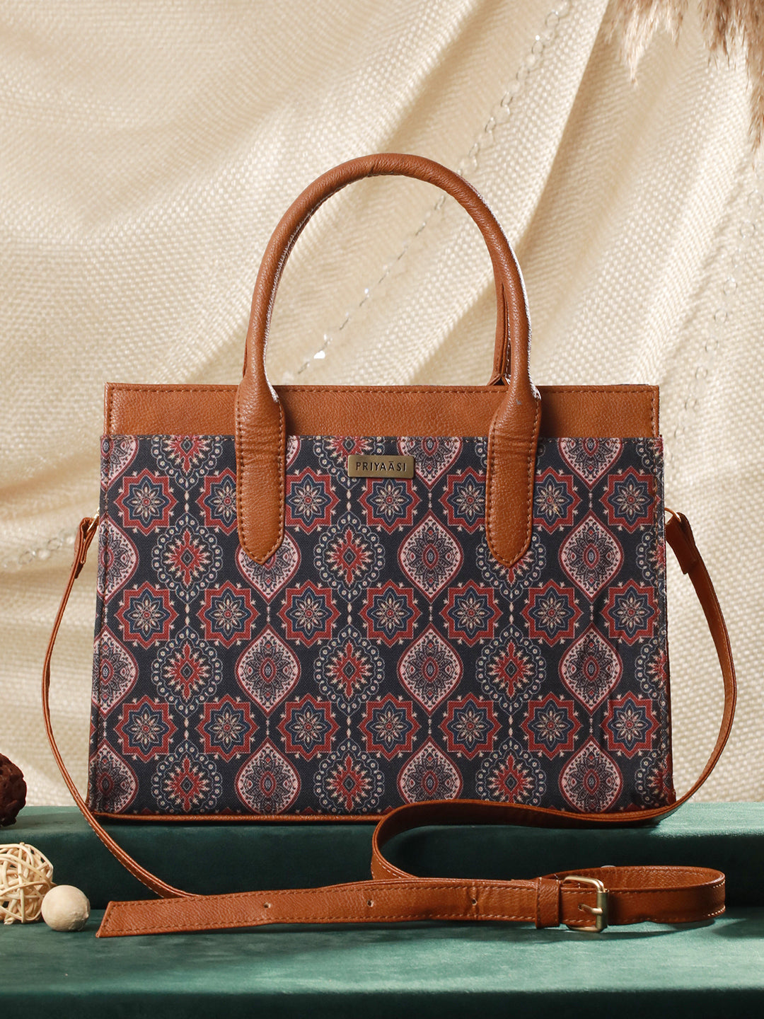 Blue Blossom Printed Brown Handbag