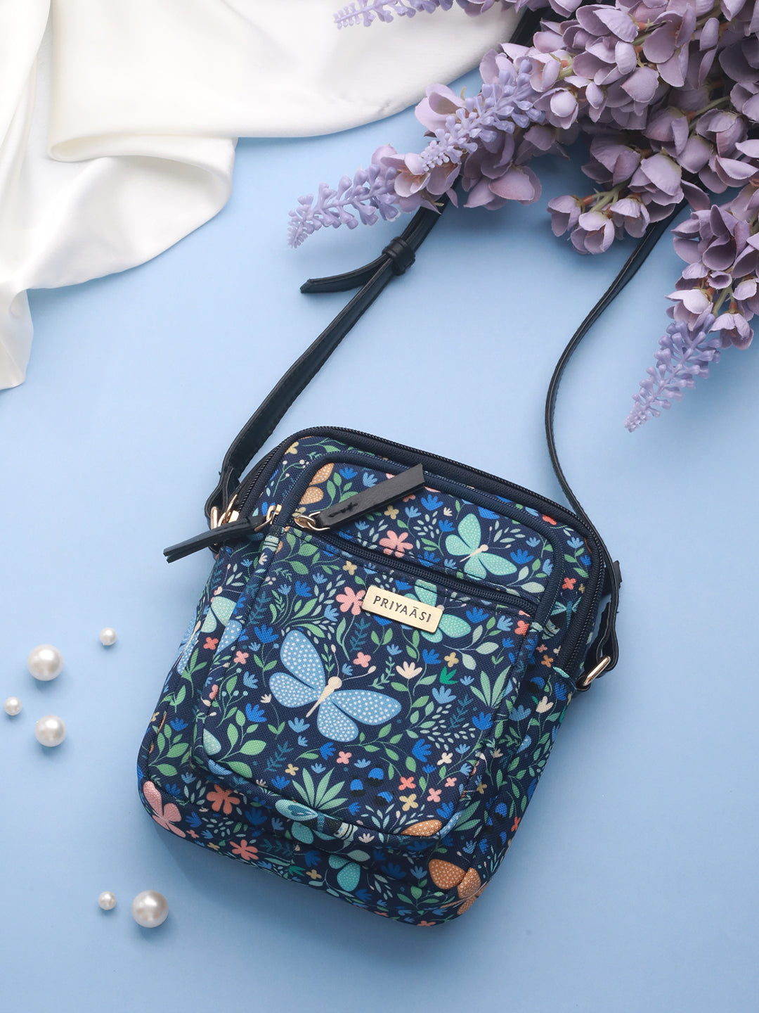 Priyaasi Good Butterfly Blues Floral Printed Crossbody Sling Bag