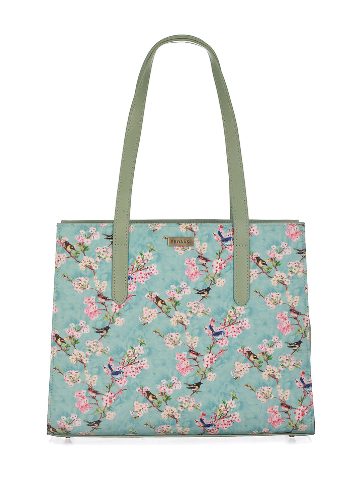 Birdy Bloom Sky Blue Mint Green Printed Tote Bag
