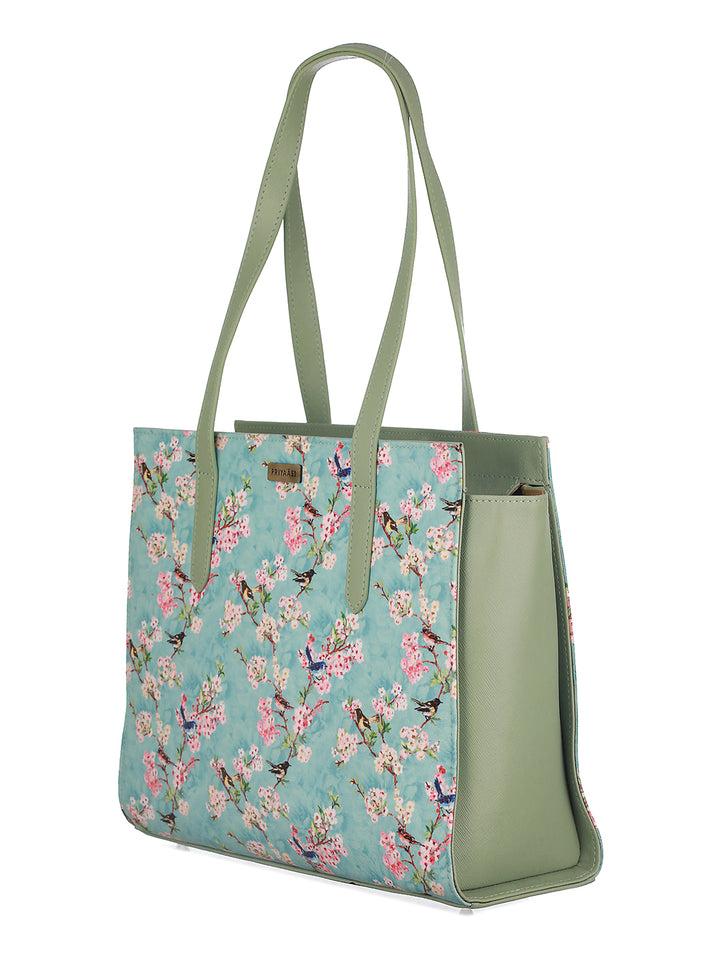 Birdy Bloom Sky Blue Mint Green Printed Tote Bag