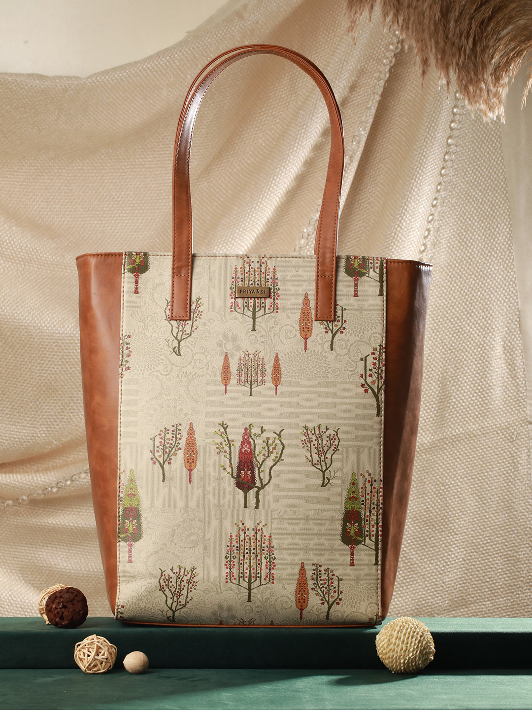 Fall-ing Love Creamish Brown Printed Tote Bag