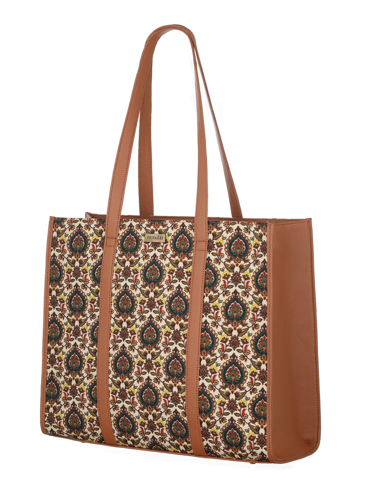 Priyaasi FloralFusion Multicolor Printed Brown Tote Bag
