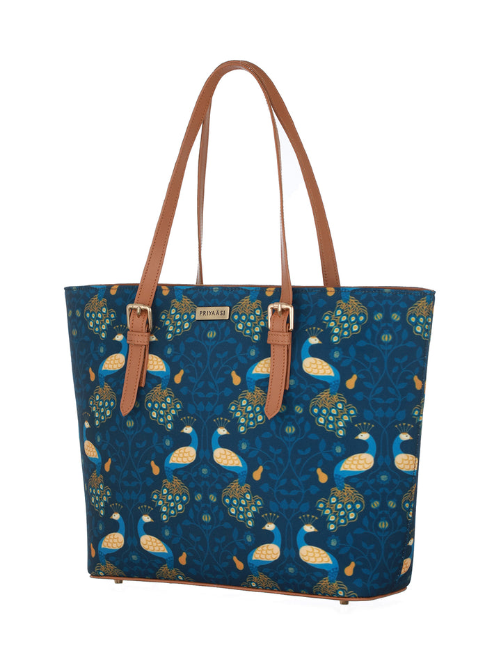 Priyaasi Peacockish Printed Blue & Brown Tote Bag