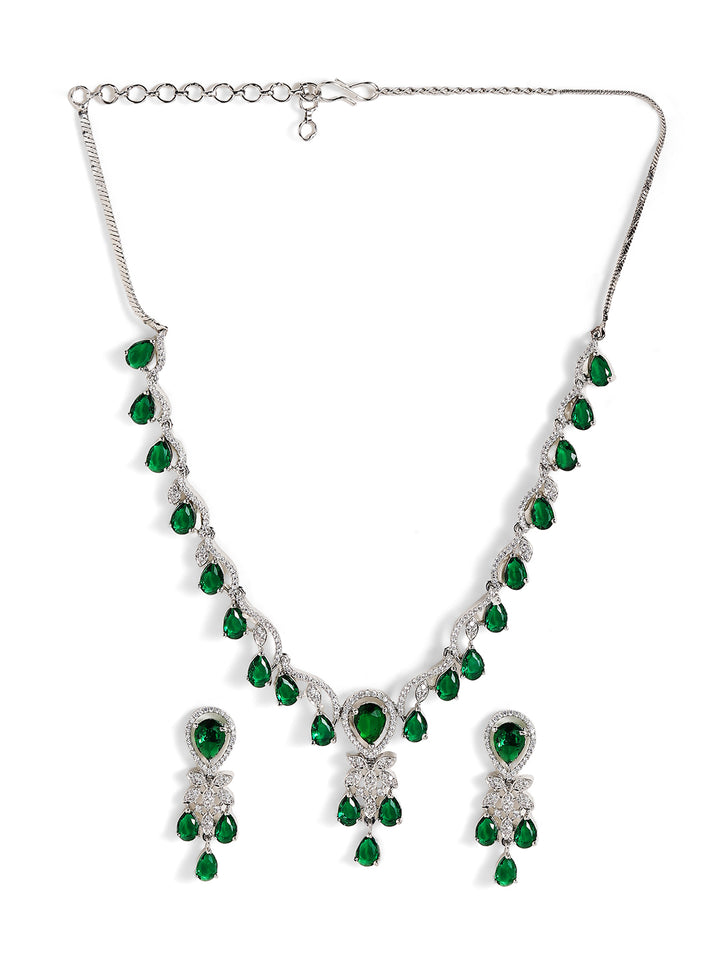 Emerald Elegance Drop Style Silver Plated Necklace Drop Earrings Jewellery Set