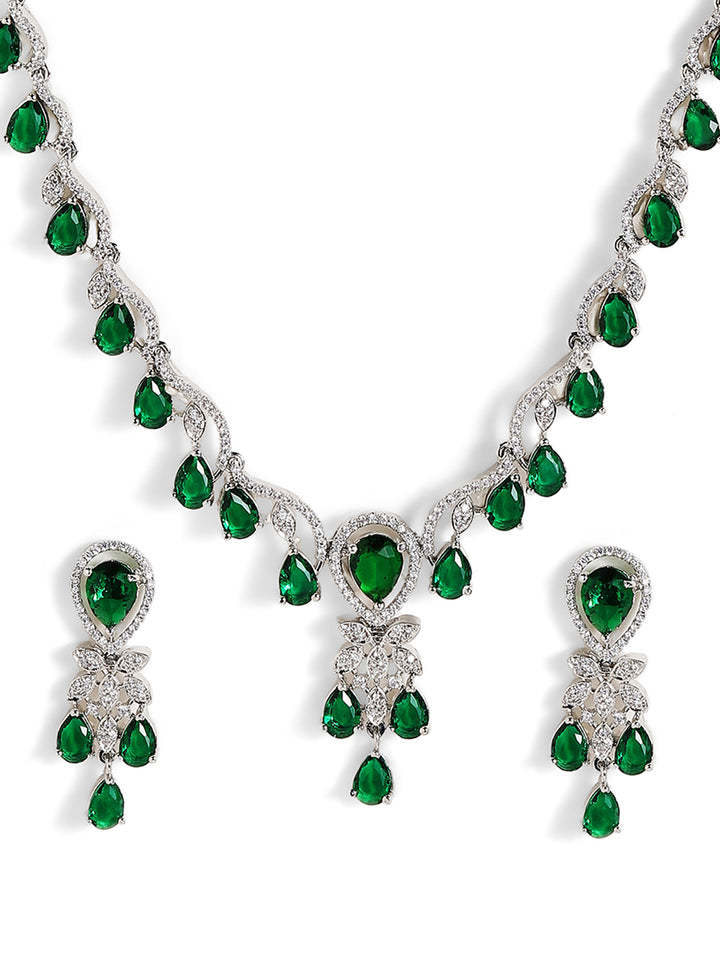 Emerald Elegance Drop Style Silver Plated Necklace Drop Earrings Jewellery Set