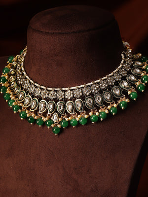 Green Beads Floral Kundan Gold Plated Necklace Jhumkis and Maangtika Jewellery Set