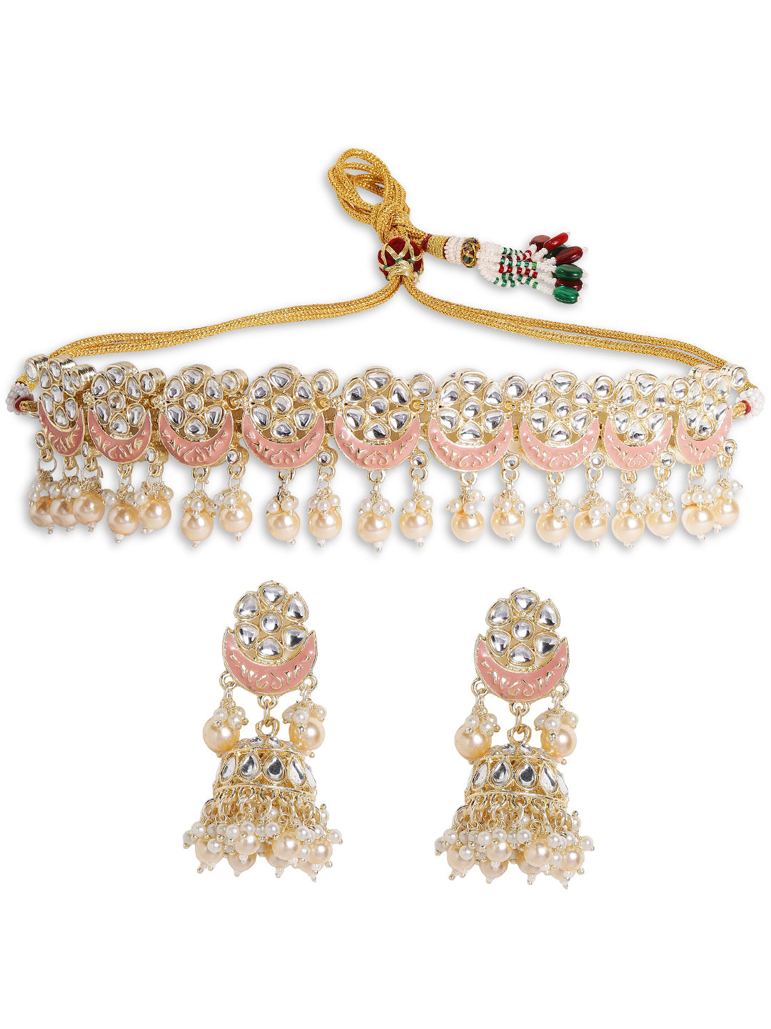 Meenakari Design Floral Pearl Elegance Gold Plated Chocker Drop earrings and maangtika Jewellery Set