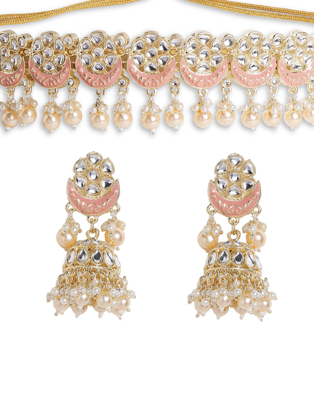 Meenakari Design Floral Pearl Elegance Gold Plated Chocker Drop earrings and maangtika Jewellery Set