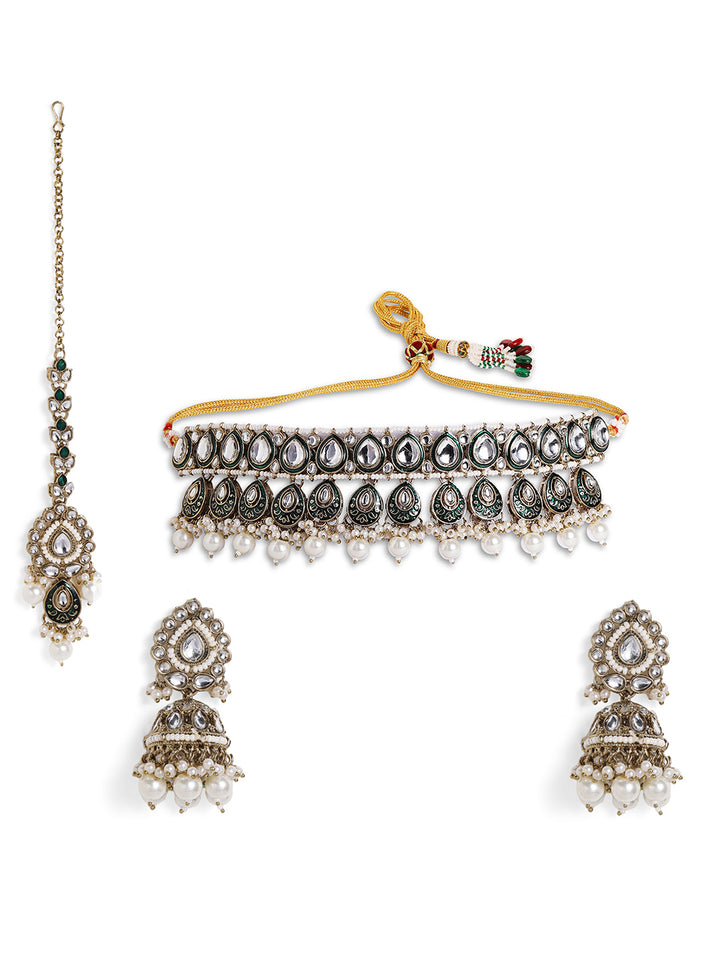 Kundan Pearl Elegance Green Design Gold Palted Choker Jhumkis and Maangtika Jewellery Set