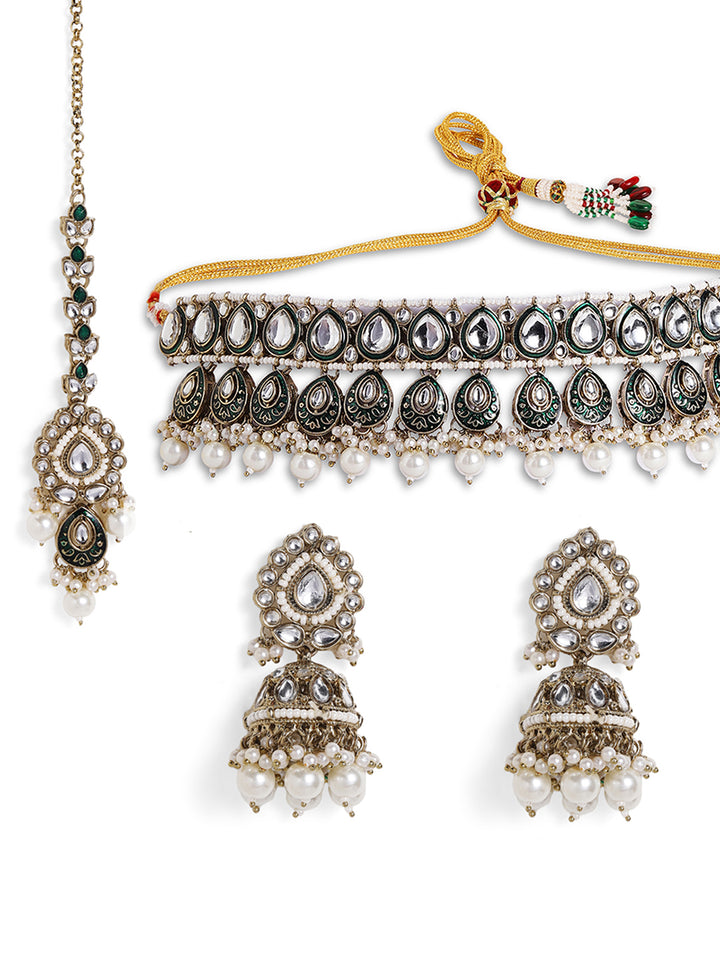 Kundan Pearl Elegance Green Design Gold Palted Choker Jhumkis and Maangtika Jewellery Set