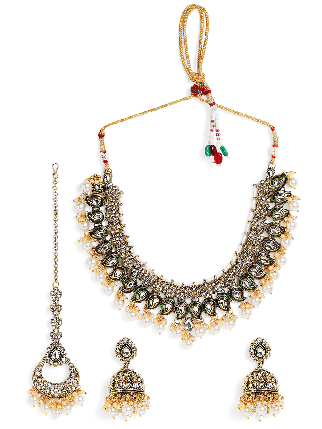 Green Elegance Kundan Pearl Floral Style Necklace Drop Earrings and maangtika Jewellery Set