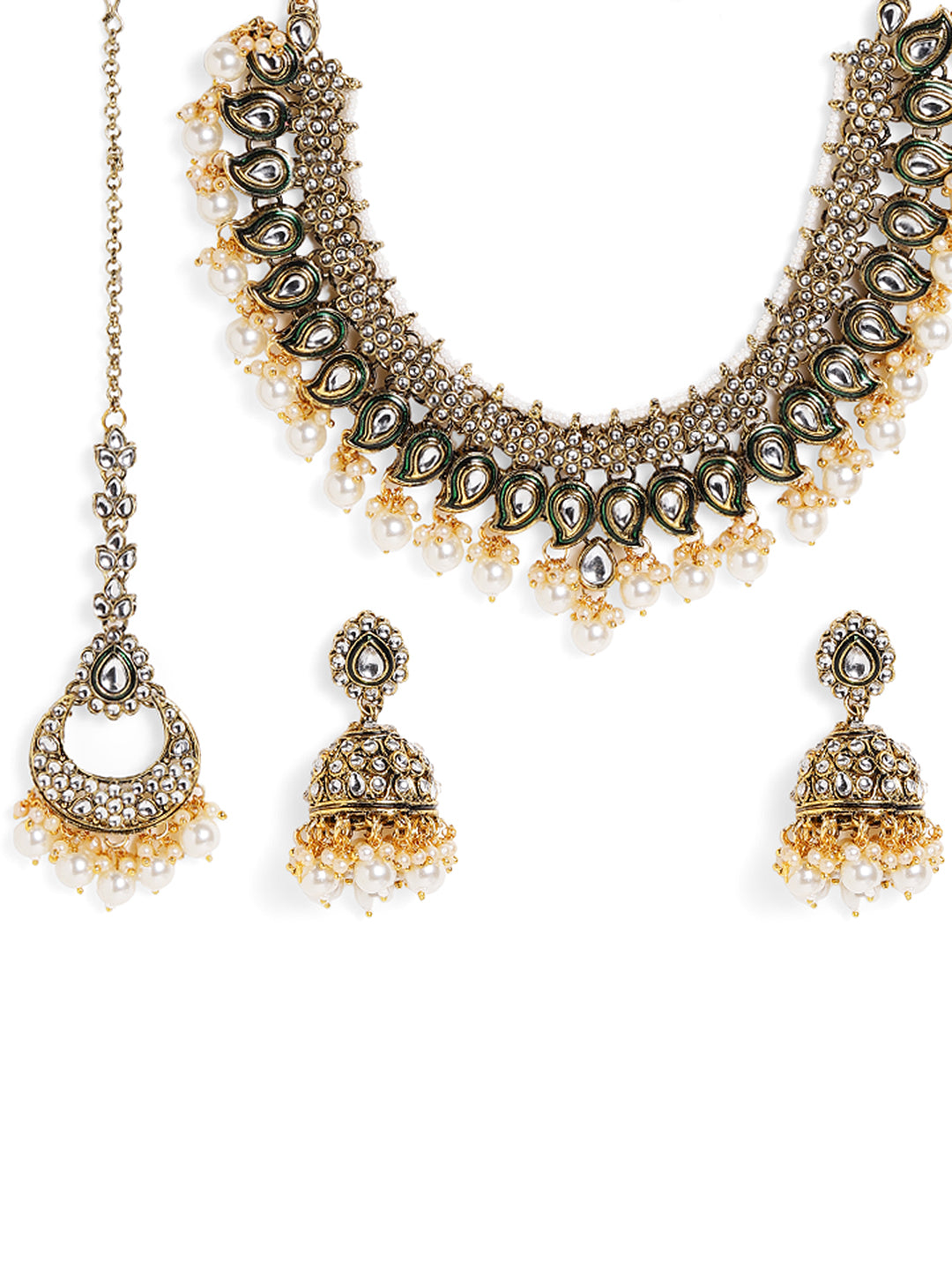 Green Elegance Kundan Pearl Floral Style Necklace Drop Earrings and maangtika Jewellery Set