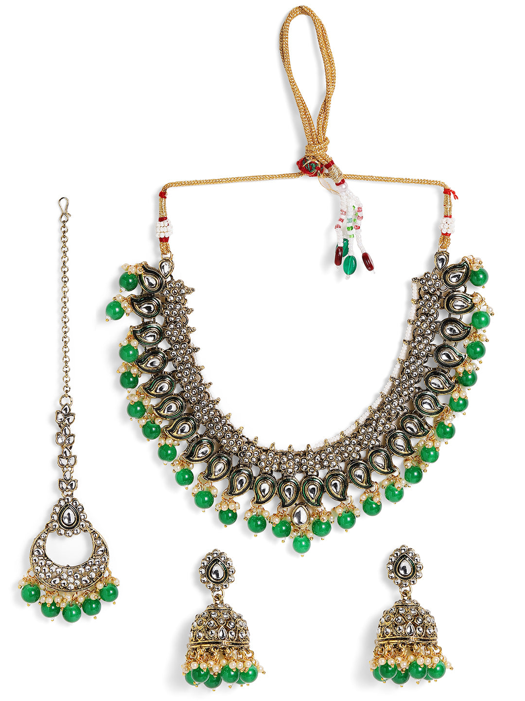 Green Beads Floral Kundan Gold Plated Necklace Jhumkis and Maangtika Jewellery Set