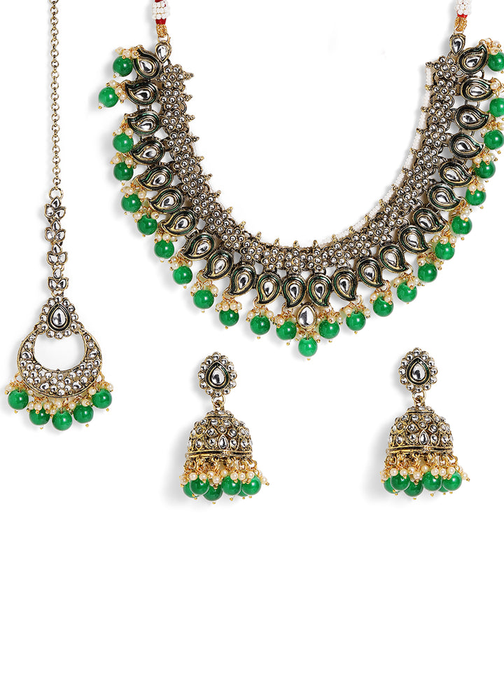 Green Beads Floral Kundan Gold Plated Necklace Jhumkis and Maangtika Jewellery Set