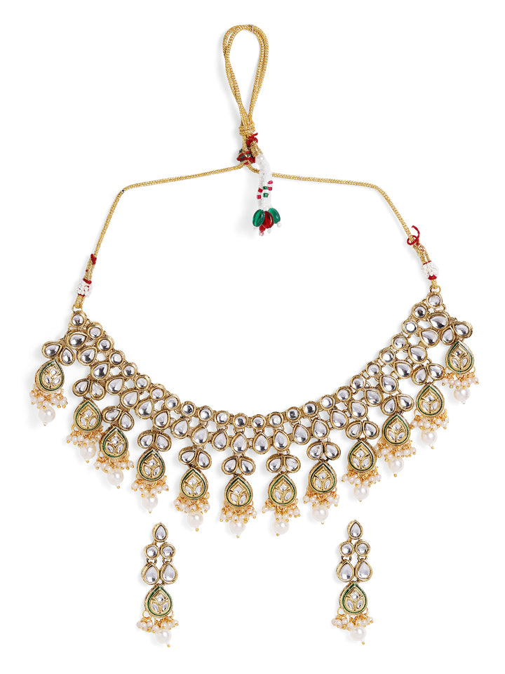 Kundan Drop Style Pearl Gold Plated Chocker Necklace Drop Earrings Jewellery Set