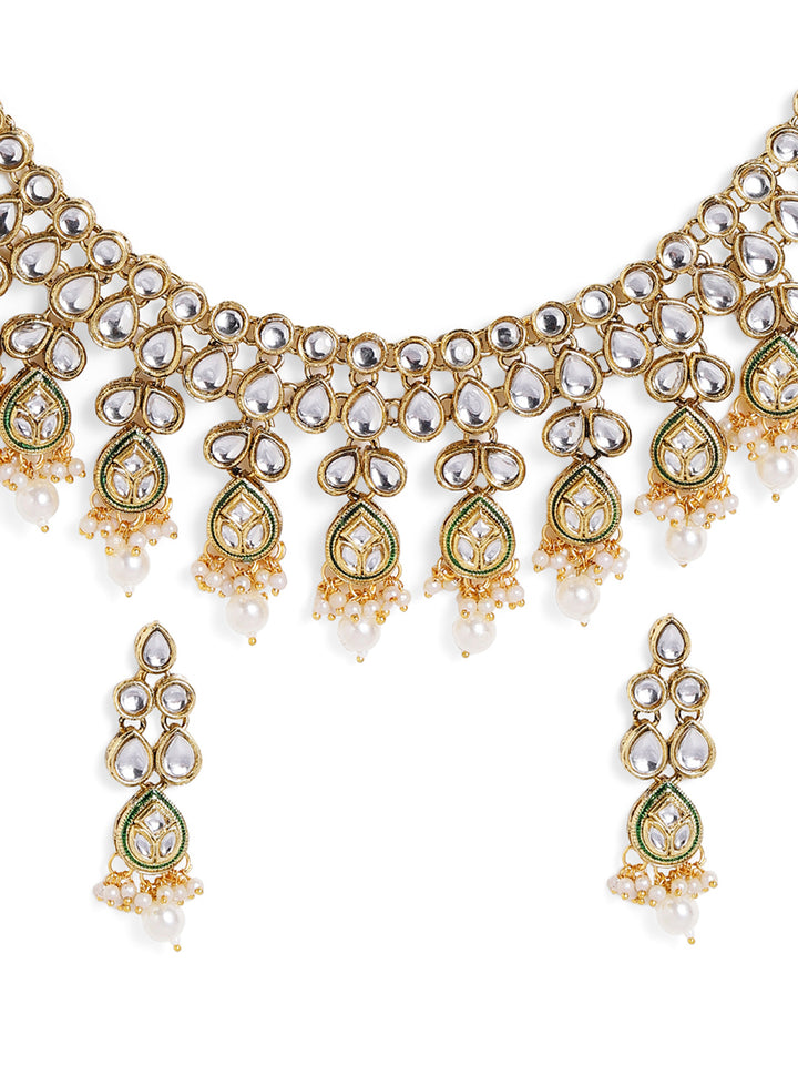 Kundan Drop Style Pearl Gold Plated Chocker Necklace Drop Earrings Jewellery Set