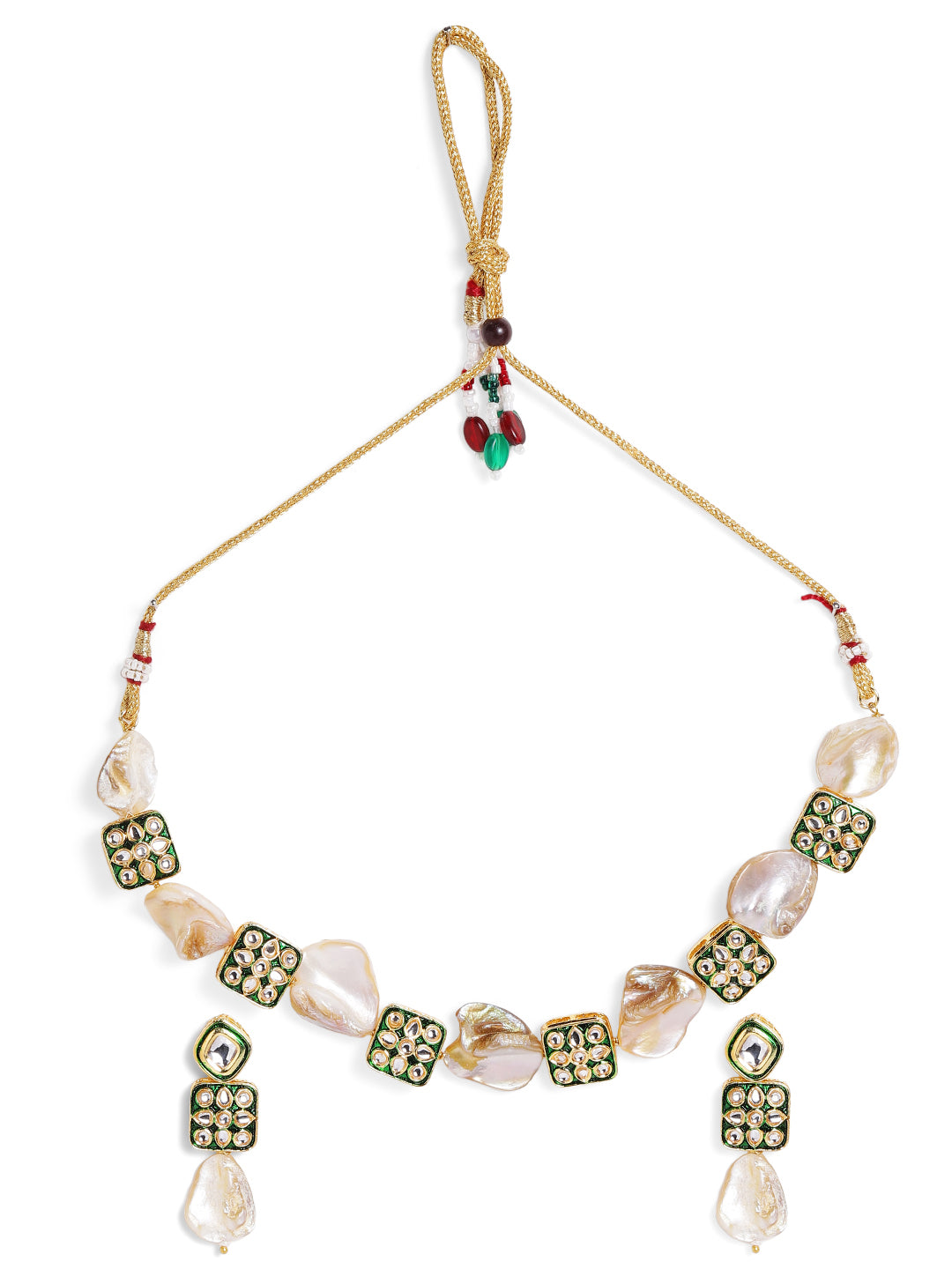 Kundan Green Styles Geometric Pattern Gold Plated Choker Necklace and Drop Earrings Jewellery Set