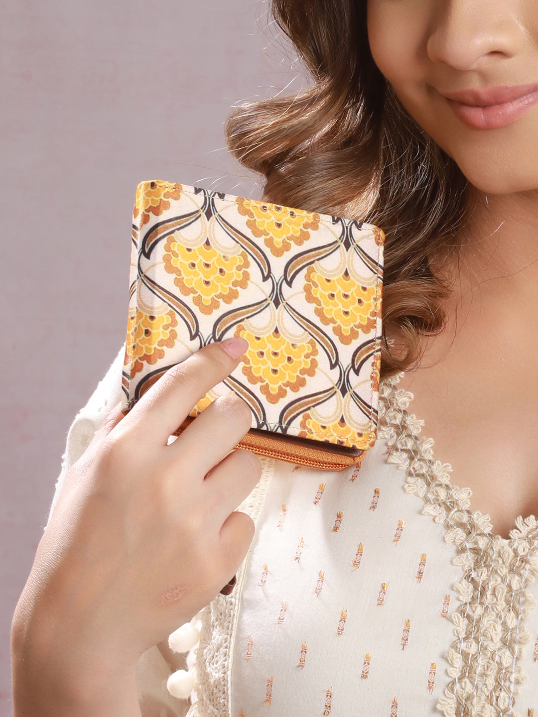Yellow-Fullow Floral Printed Mini Wallet
