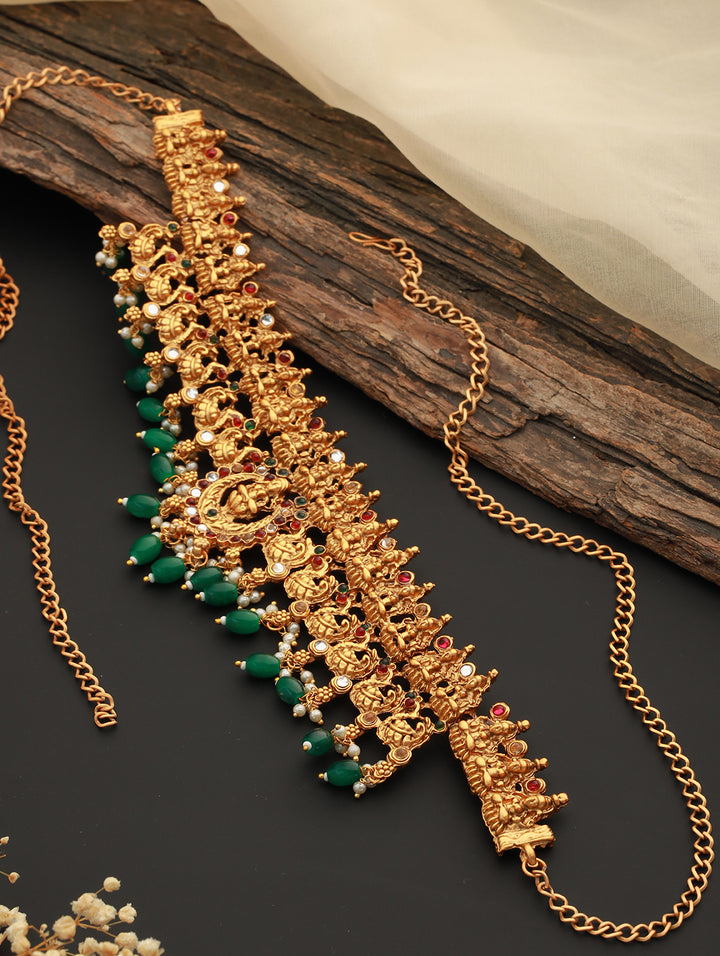 Studded Peacock Green Beads Gold-Plated Waist Band