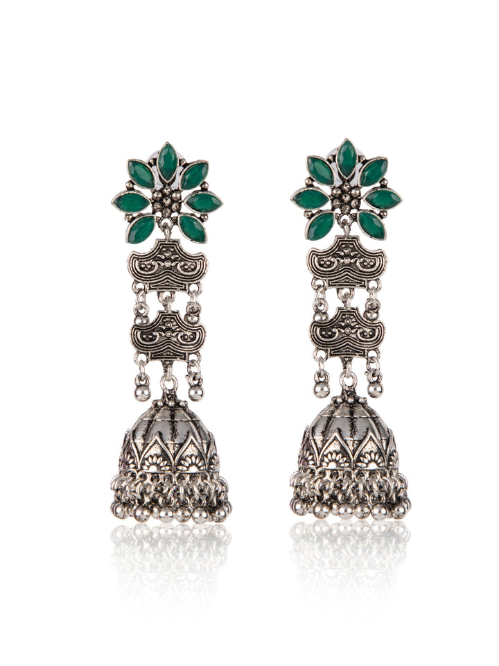 Priyaasi Oxidised Green Stone Studded Floral Jhumka Earrings