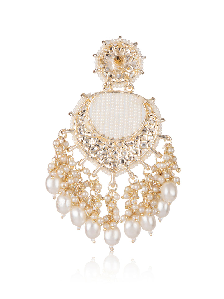 Priyaasi White Beaded Gold Plated Floral Kundan Drop Earrings