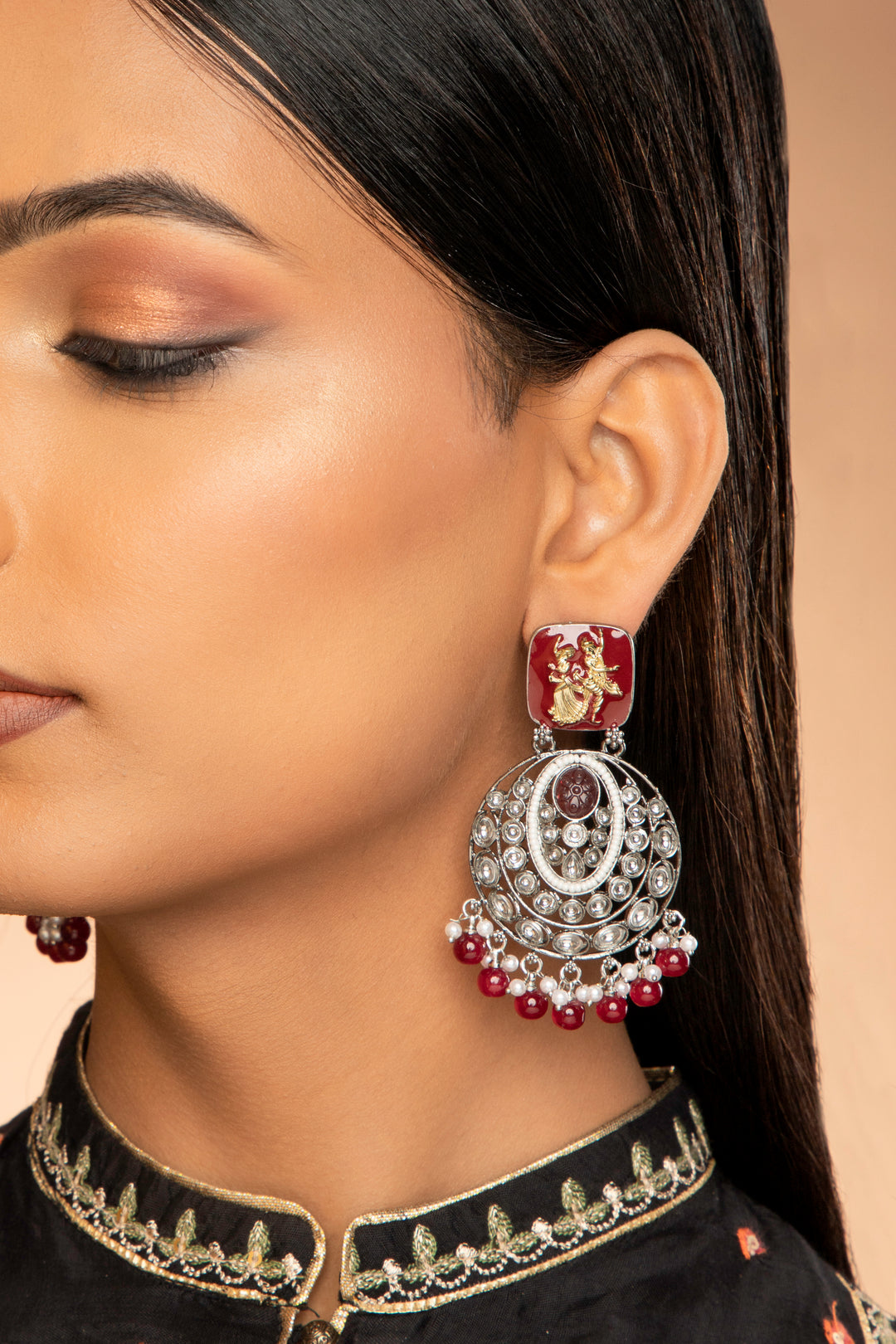 Priyaasi Red & Silver Radha Krishna Drop Earrings