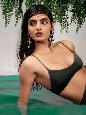 Priyaasi Gold Plated Green Crystal Drop Earrings