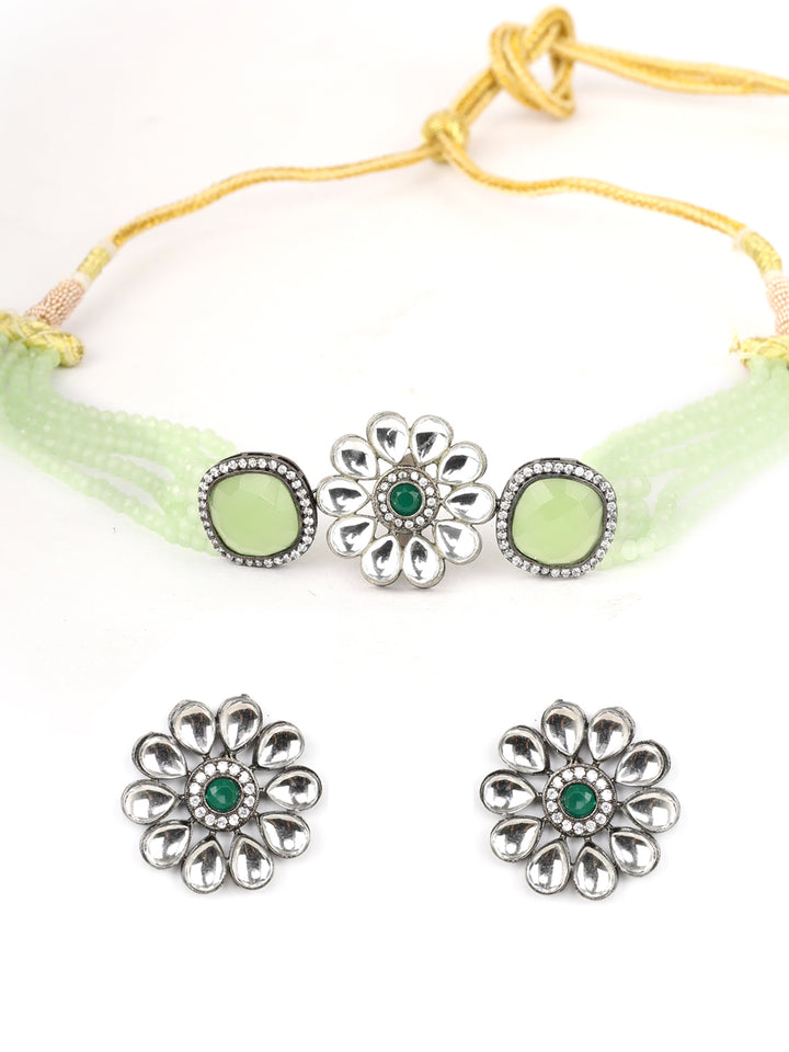 Mint Green Beads Kundan Stones Floral Choker