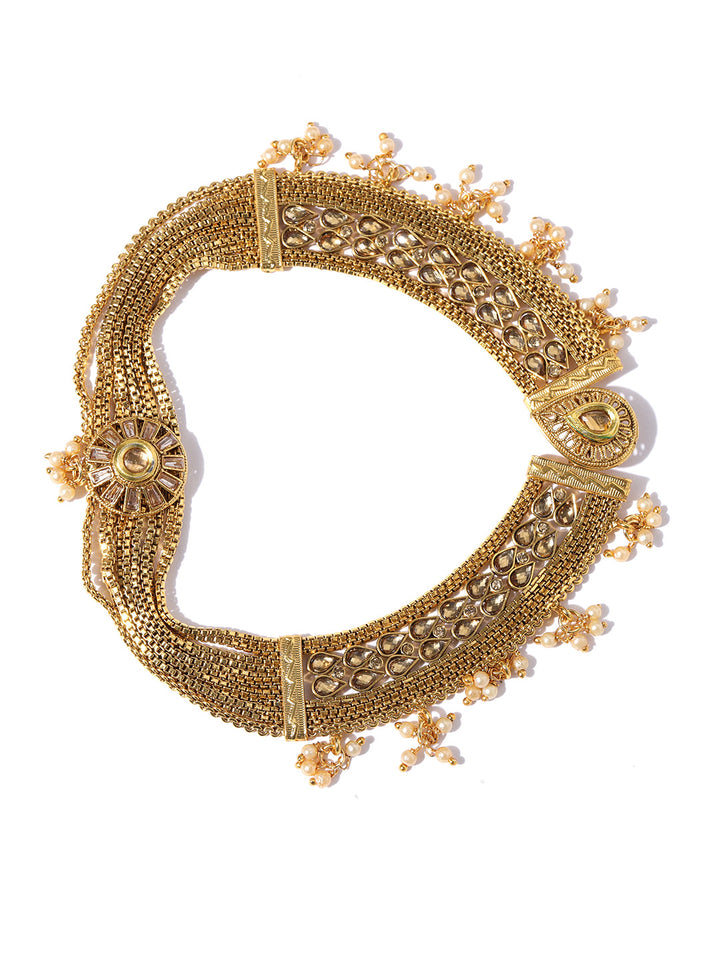 Set Of 2 Gold Plated Kundan Studded Heavy Anklets with Pearls Drop