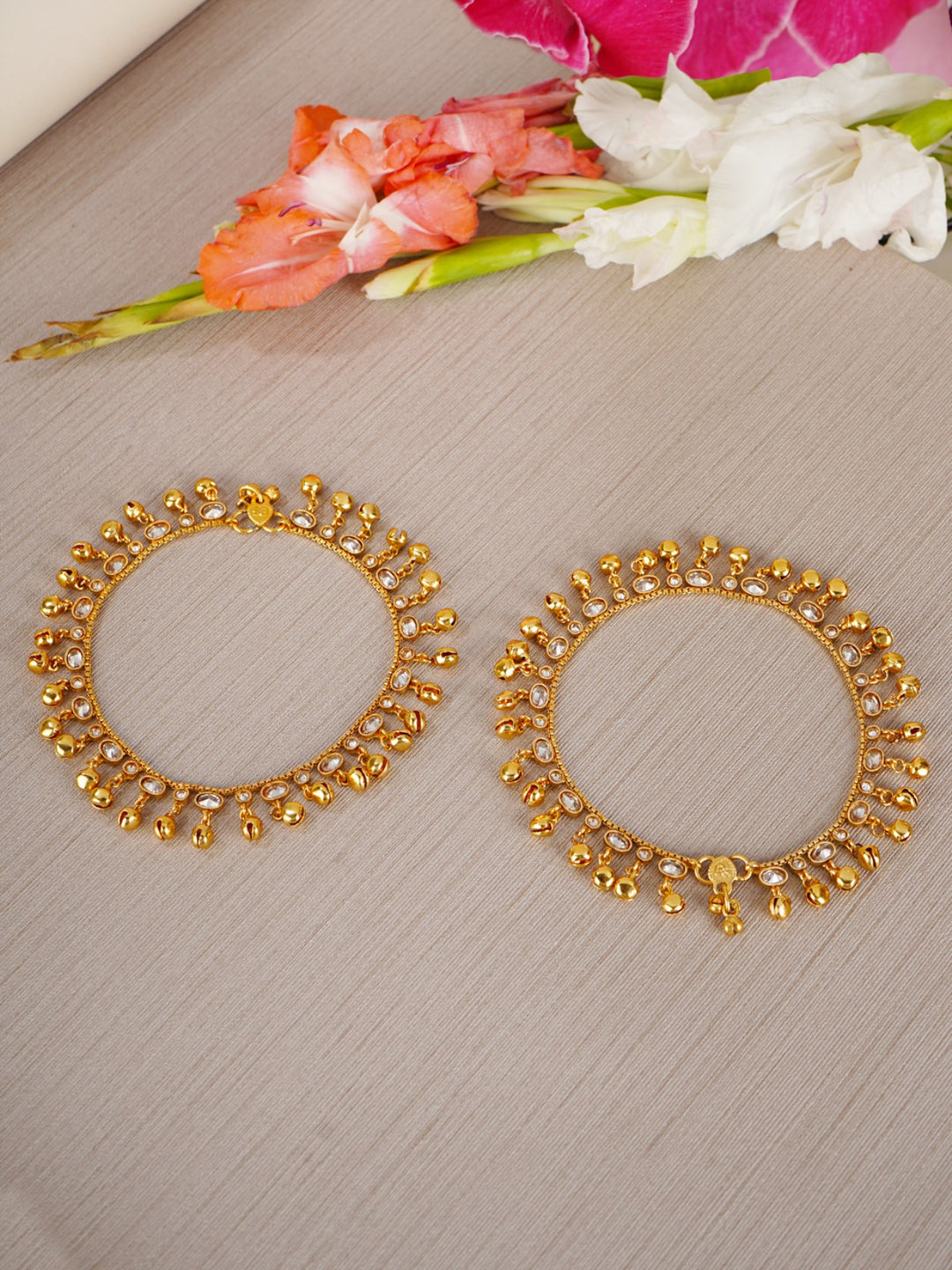 Set Of 2 Gold Plated Stones Studded Ghungroo Drops Anklets