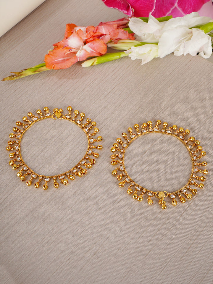 Set Of 2 Gold Plated Stones Studded Ghungroo Drops Anklets