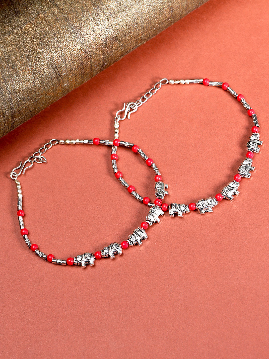 Elephant Inspired Oxidised Silver-Toned & Red Beaded For Women And Girls