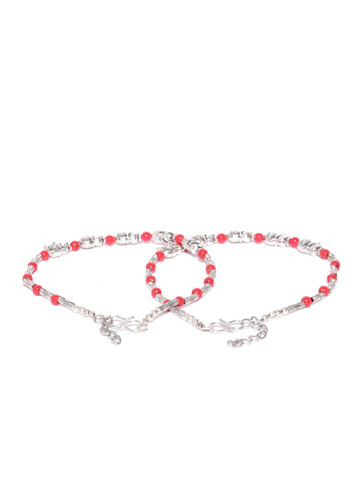 Elephant Inspired Oxidised Silver-Toned & Red Beaded For Women And Girls