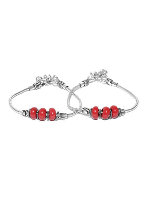 Red Beaded Beauty - Oxidised Silver-Toned Anklets For Women And Girls