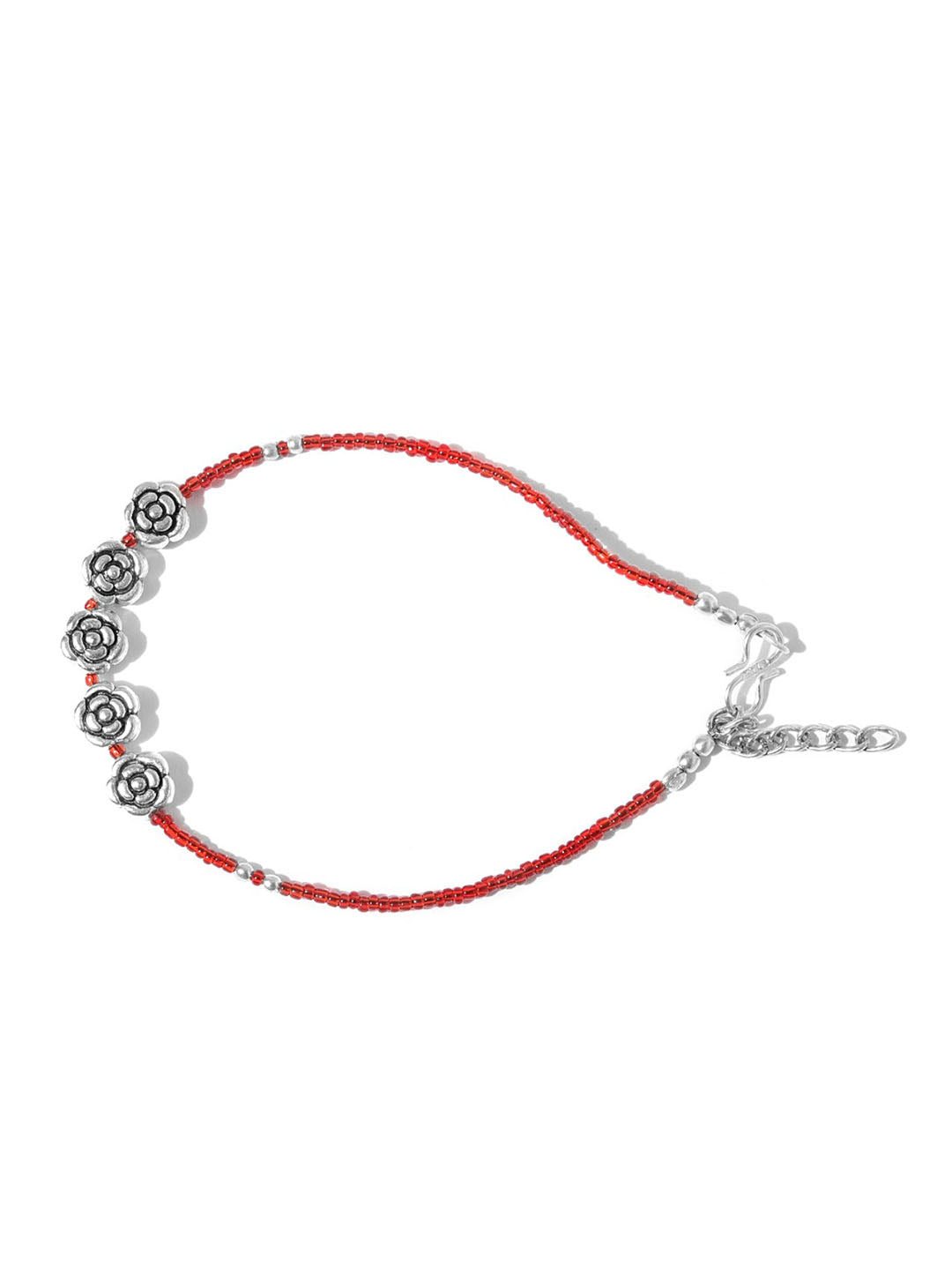 Oxidised Silver-Toned & Red Beaded Anklets For Women And Girls