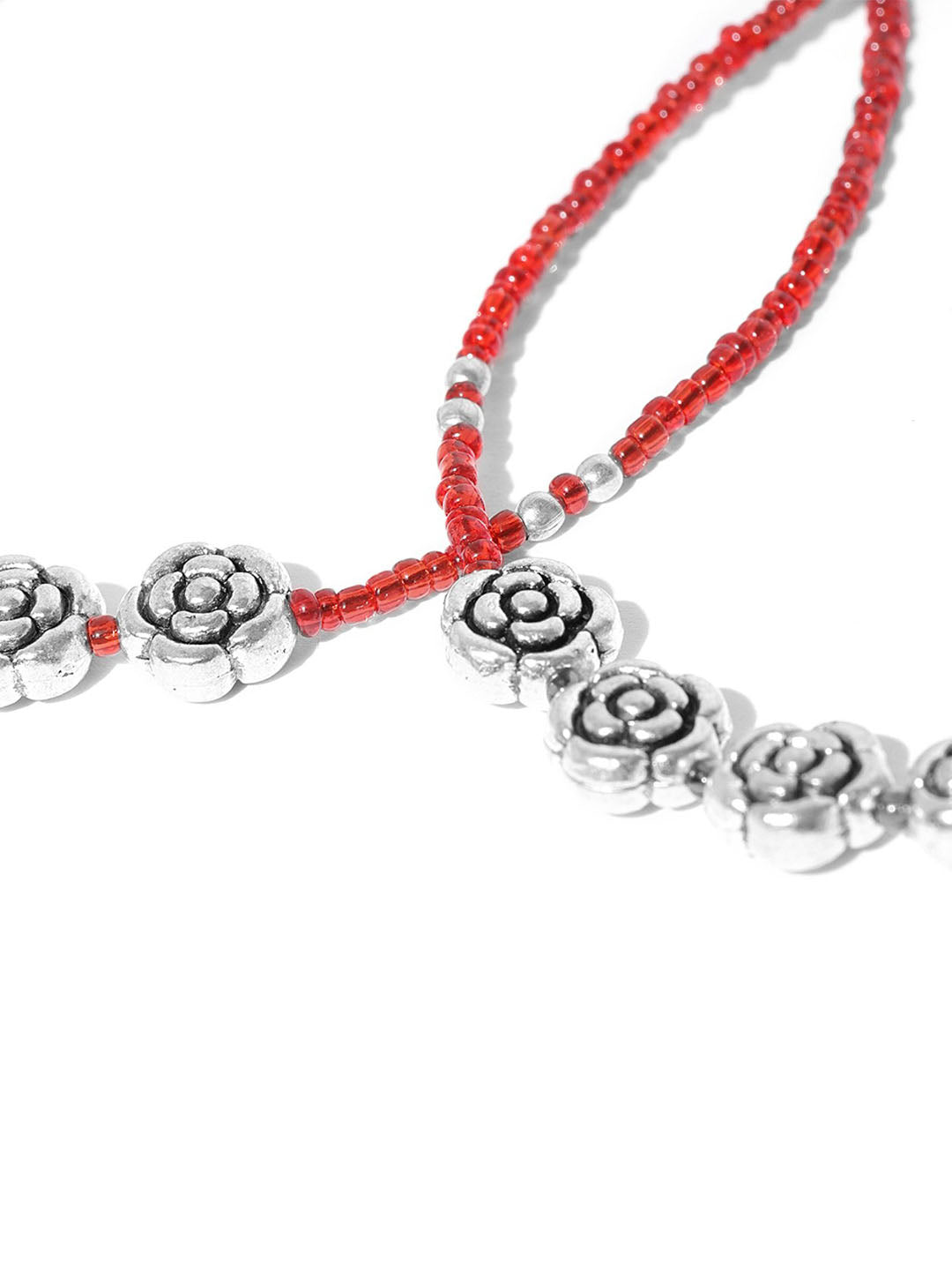 Oxidised Silver-Toned & Red Beaded Anklets For Women And Girls