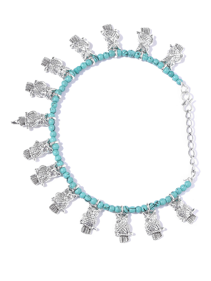Oxidised Silver-Plated Owl Design Mint Green Beaded Adjustable Anklets Set of 2