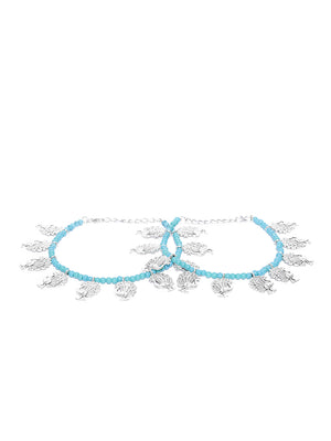 Oxidised Silver-Plated Peacock Design Mint Green Beaded Adjustable Anklets Set of 2