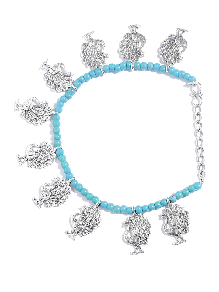 Oxidised Silver-Plated Peacock Design Mint Green Beaded Adjustable Anklets Set of 2