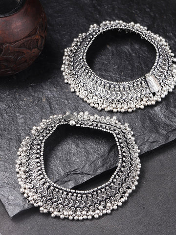 Antique Chunks - Oxidised Silver Plated Broad Anklets-Set of 2