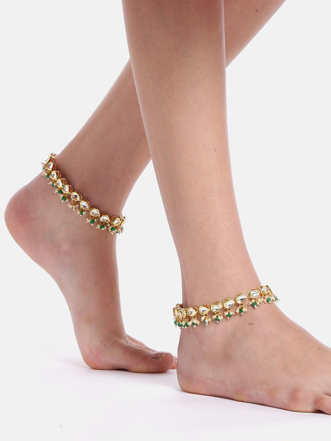 Set of 2 Gold-Plated Kundan Studded Anklets with Bead Drop