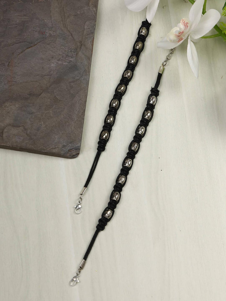 Black Thread Beads Silver Plated Traditional Anklets
