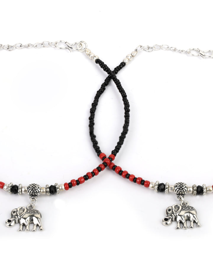 Black Red Beads Silver Plated Elephant Traditional Anklets