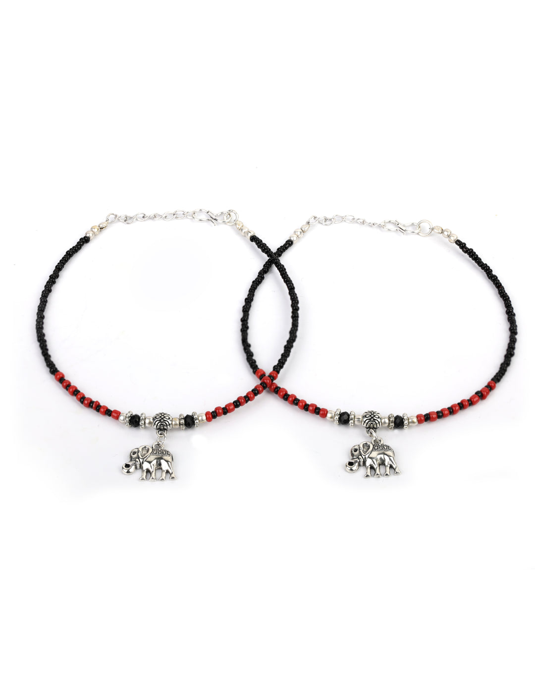 Black Red Beads Silver Plated Elephant Traditional Anklets