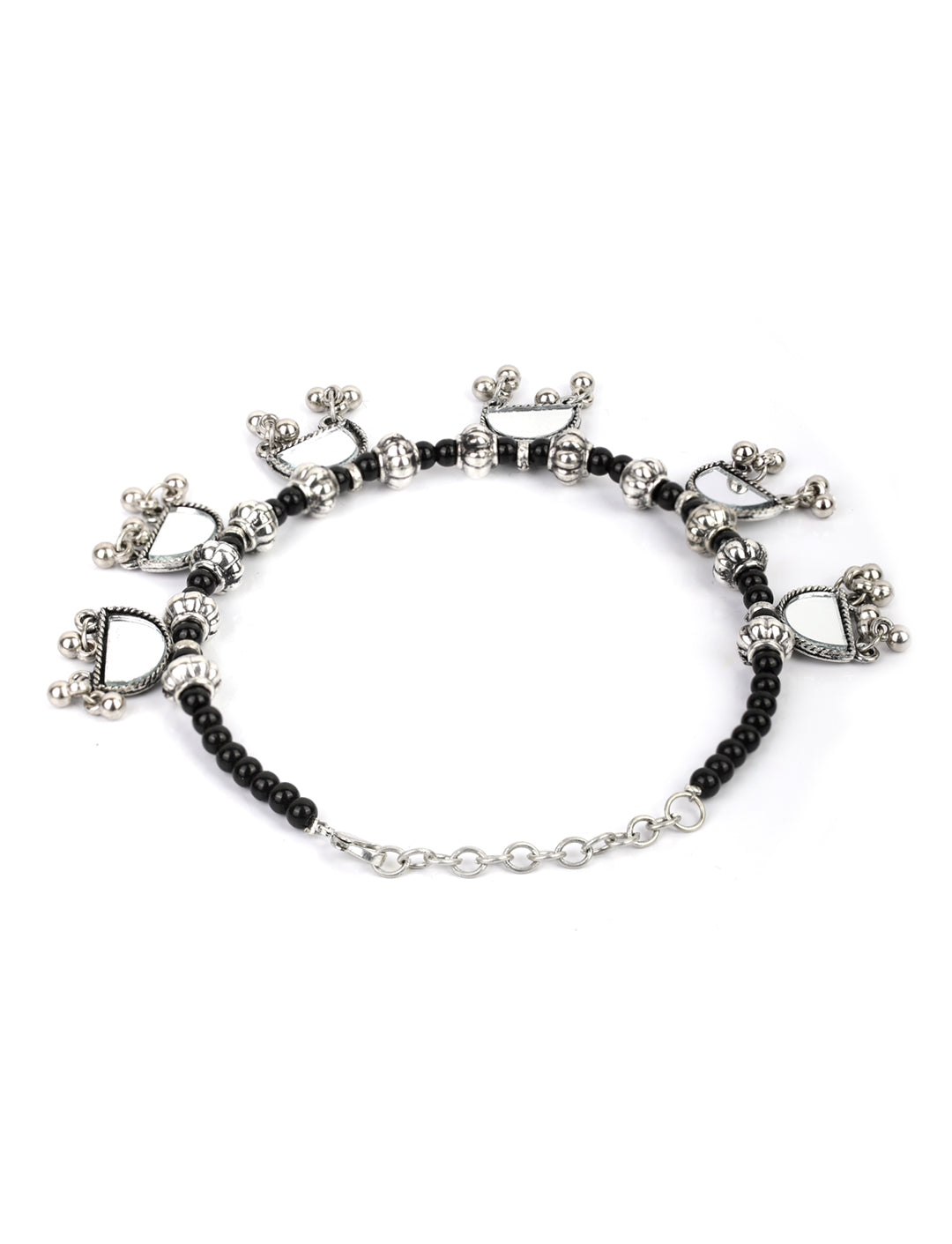 Black Beads Mirror Silver Plated Anklets