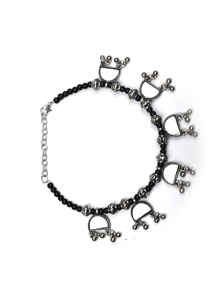 Black Beads Mirror Silver Plated Anklets