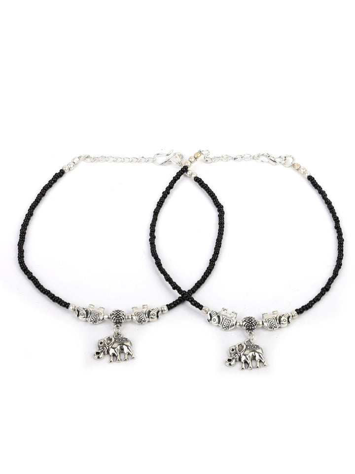 Black Beads Silver Plated Elephant Traditional Anklets