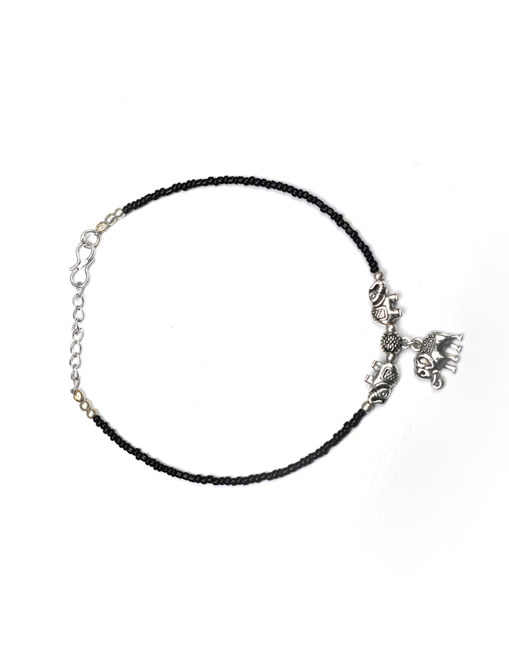 Black Beads Silver Plated Elephant Traditional Anklets
