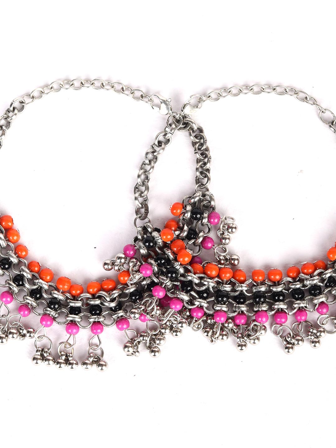Multi-Color Beads Ghungroo Silver Plated Anklets